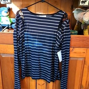BAILEY / 44 ladies size Large blue and grey striped rowboat top long sleeve